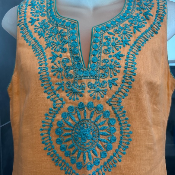 Embroidered Orange Midi Tank Dress with Turquoise Detail Linen Size 4 Small - Picture 2 of 10